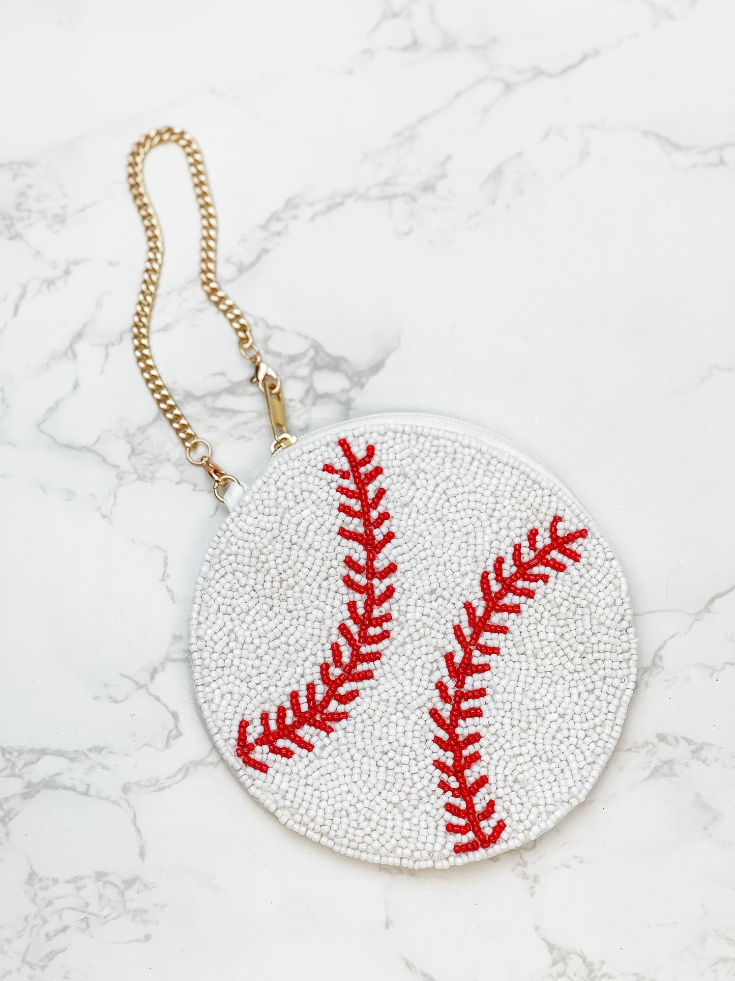 Beaded Baseball Zip Pouch with Chain