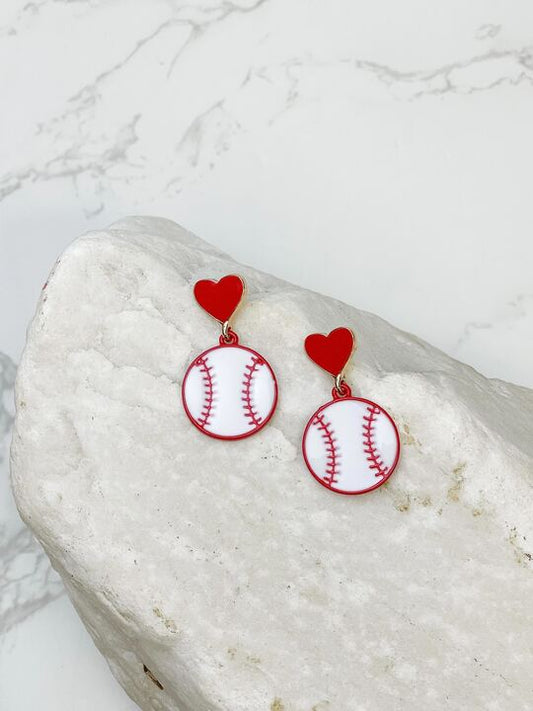 Heart Post Baseball Dangle Earrings