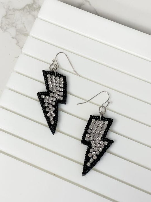 Glitzy Lightening Bolt Beaded Dangle Earrings - Black