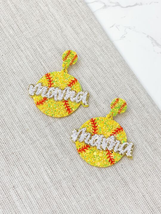 Sports Mama Glitter Dangle Earrings - Softball