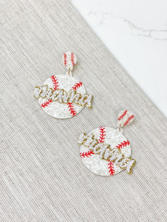 Sports Mama Glitter Dangle Earrings - Baseball